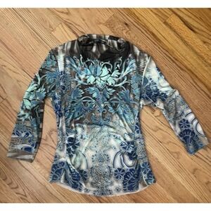 Boho‎ Chic Shirt M Y2k Grunge Tattoo Print V Neck Fairycore Shirt